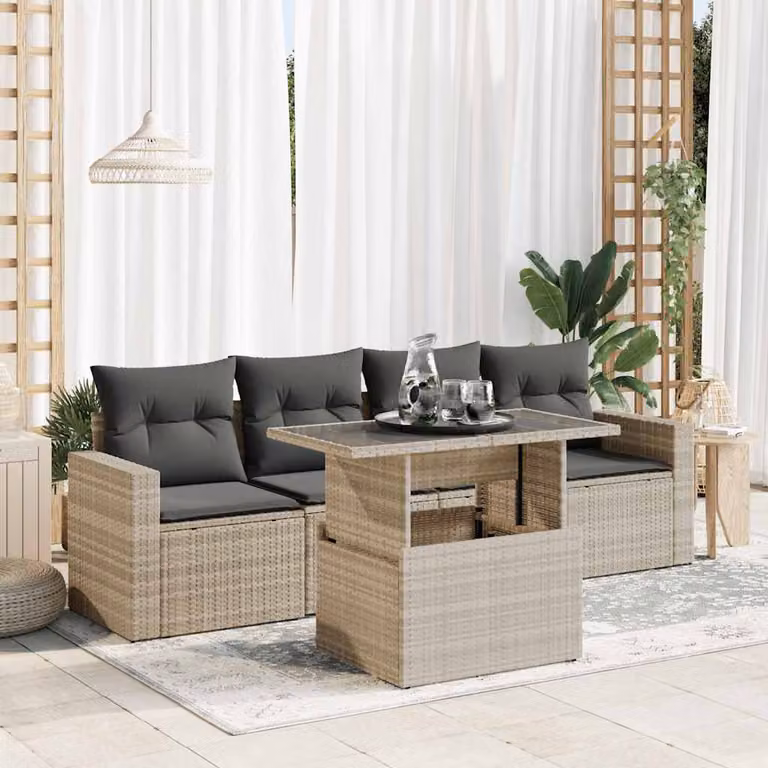 Set Divano da Giardino vidaXL 5pz in Polyrattan e Metallo con Cuscini Grigio Chiaro
