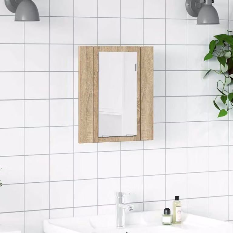 Armadietto a specchio con luci LED vidaXL in Rovere Sonoma per bagno, L: 45 cm, H: 76 cm, P: 12 cm