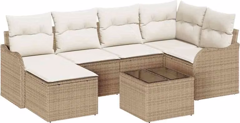 Set Divano da Giardino 7 pcs Beige e bianco Poly Rattan