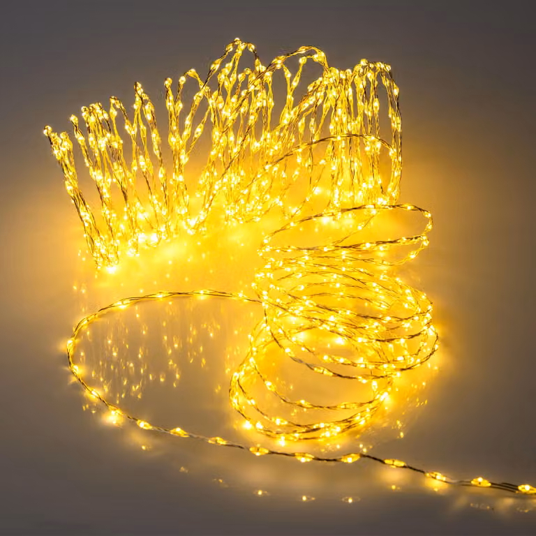 Catena luminosa a filo, luce bianca calda, particolarmente densa, con timer e funzioni - 756 LED - Filo luminoso argento, 12 metri, per interni ed esterni, con alimentazione a corrente