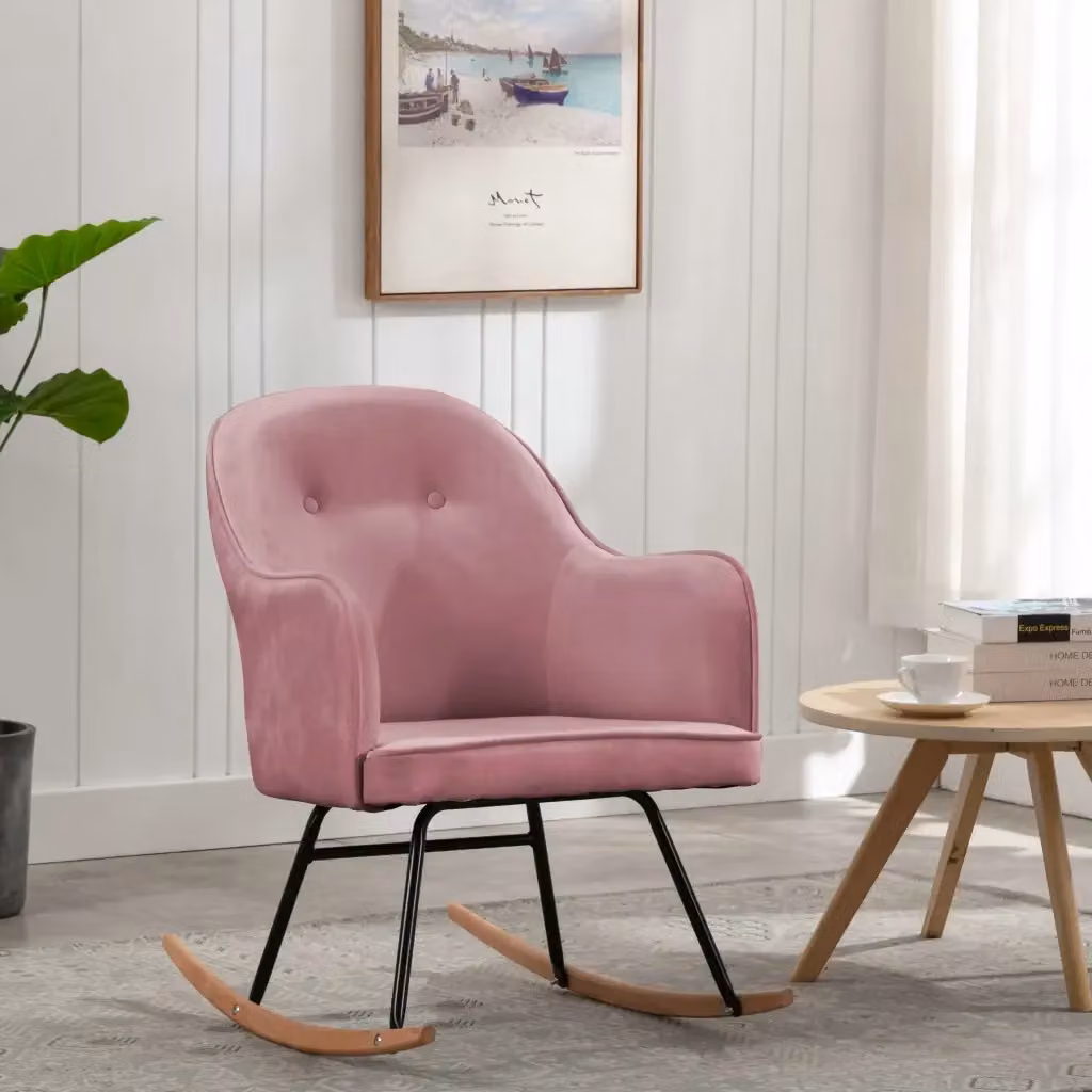 Sedia a Dondolo Moderna in Velluto Rosa con Struttura in Legno di Faggio e Metallo L/P/H: 74 x 60 x 110 cm – 2