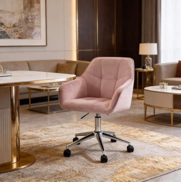 Sedia da ufficio ULEVR in velluto rosa, altezza regolabile 48-57 cm, girevole a 360¡ã con braccioli e ruote