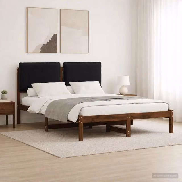 Letto moderno vidaXL con struttura in legno di acacia e testiera rivestita in tessuto, Marrone e Nero, L 120 x P 200 cm