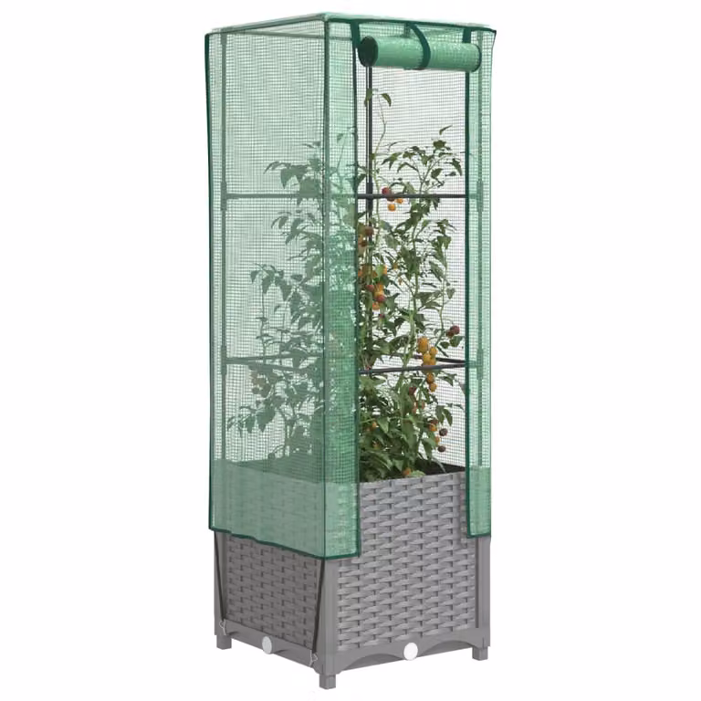 vidaXL Letto Rialzato con Copertura Serra Effetto Rattan Grigio e Verde L/P/H: 40 x 40 x 139 cm