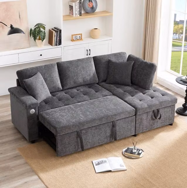 Divano angolare destro a L convertibile 209x130x84 cm in chenille grigio scuro con USB e contenitore