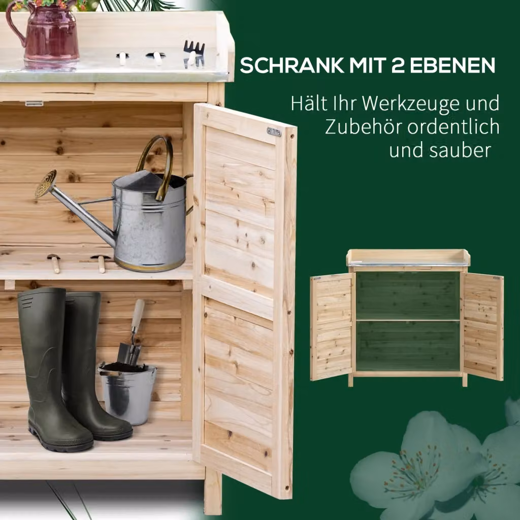Armadio da giardino OKWISH in legno di abete naturale e metallo con piano di lavoro in ferro zincato e ante a battente, colore marrone – 2