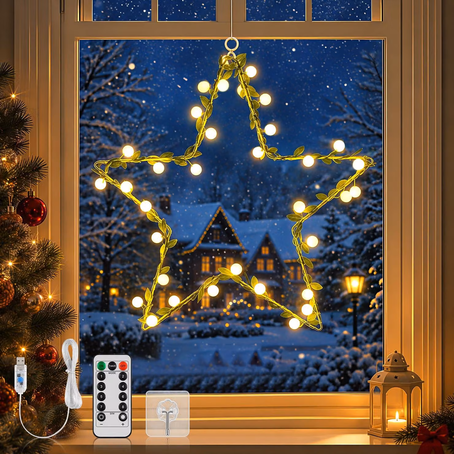 Catena luminosa a forma di stella di Natale, 30 LED, alimentazione USB, 8 modalità, dimensioni 30x30 cm
