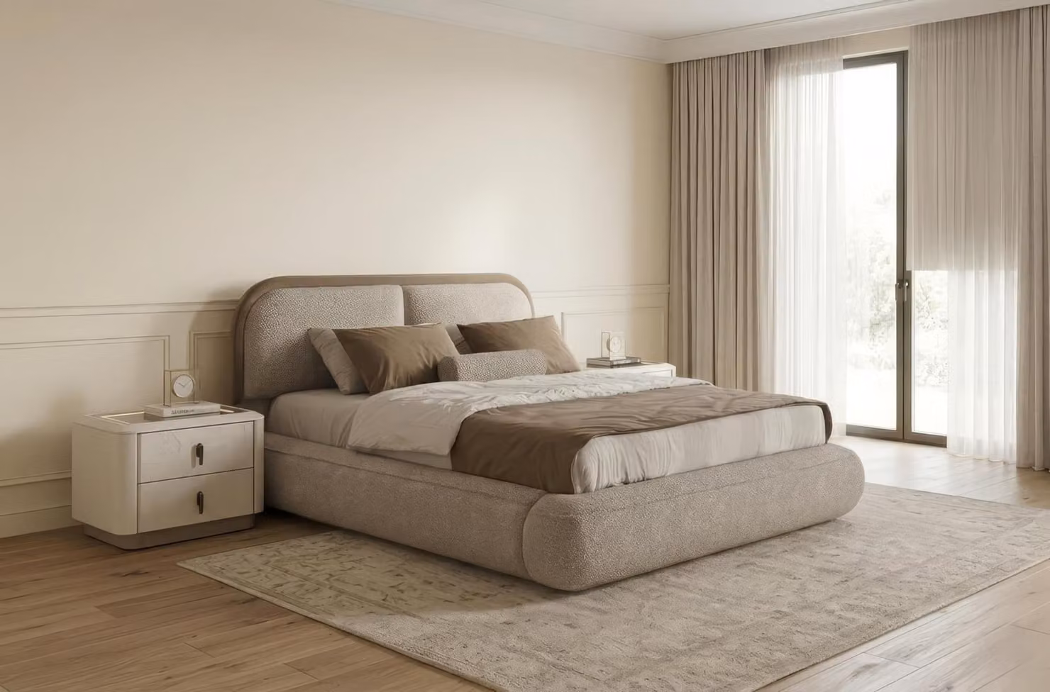 Set per camera da letto: letto, comodini, design moderno, beige, lussuoso, imbottito