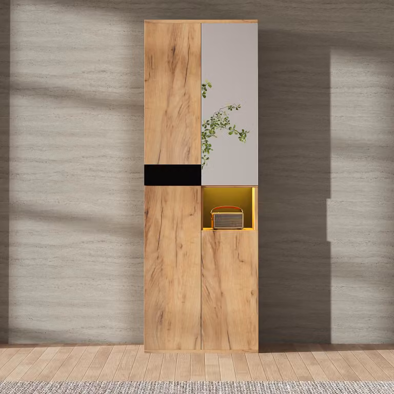 Armadio alto Flieks con specchio e 4 ante, credenza da terra con vani a giorno, 65x35x190cm, finitura naturale