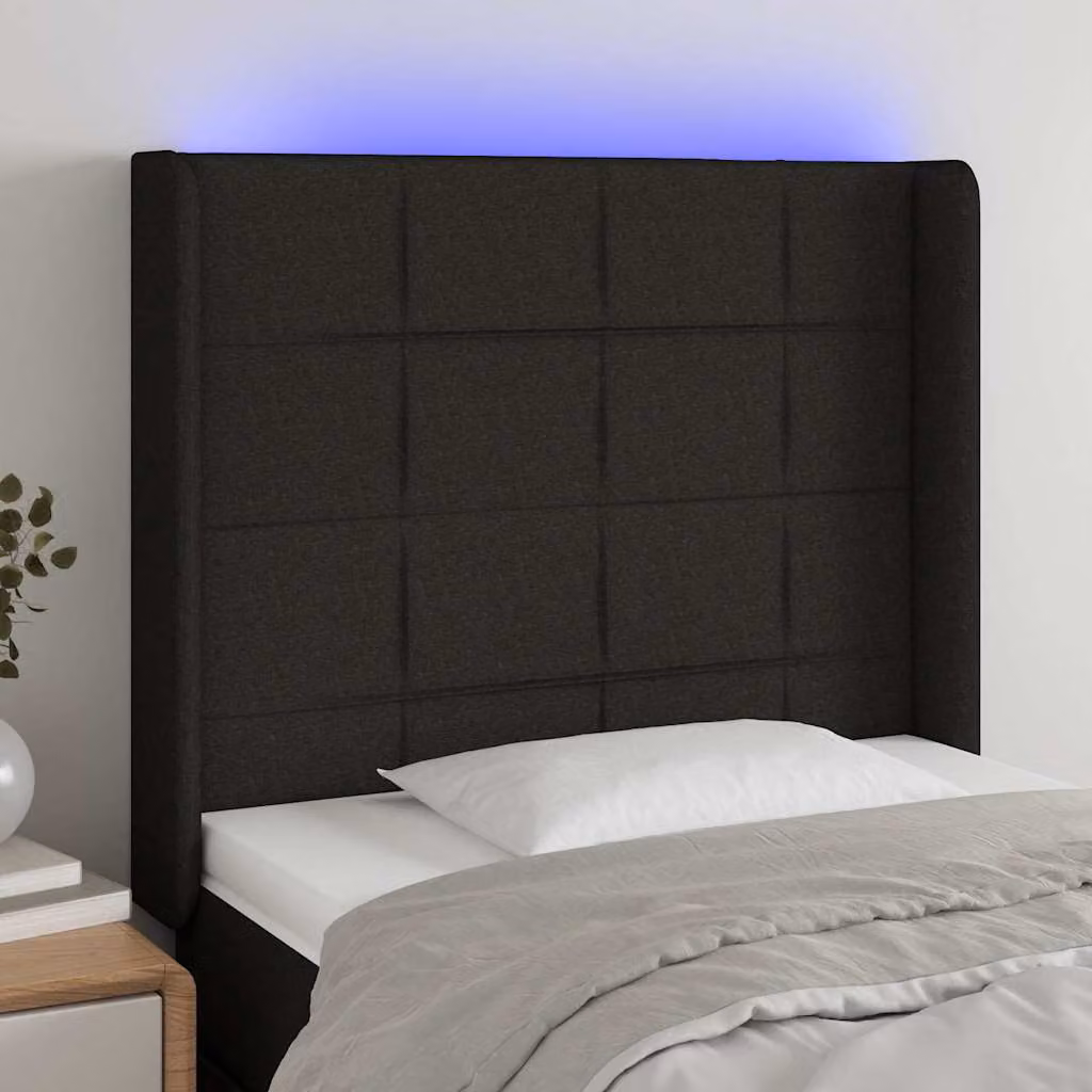 Testiera per letto vidaXL in tessuto nero con illuminazione LED integrata e porta di ricarica USB, L: 83 cm, P: 16 cm, H: 118-128 cm