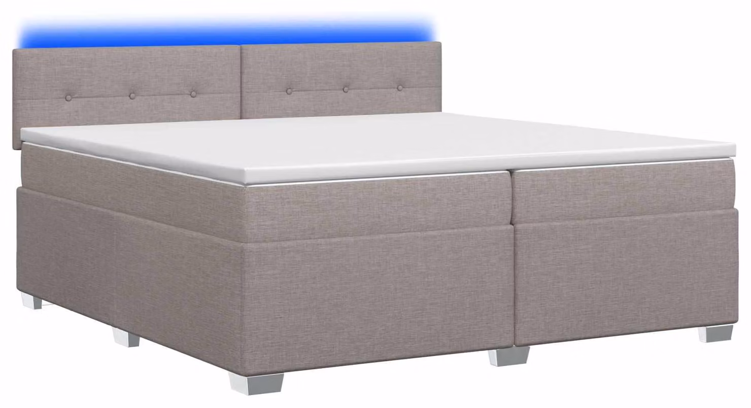 Letto con boxspring, materasso e illuminazione LED color taupe, dimensioni 200 x 200 cm, rivestito in tessuto