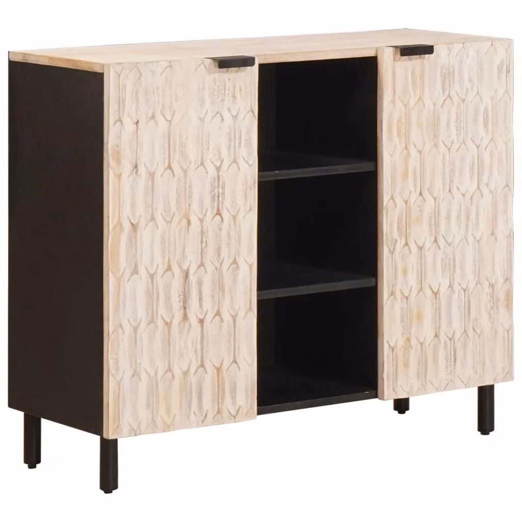 Credenza moderna con scaffale in legno di mango e finitura bianco lavato L/P/H: 90 x 33 x 75 cm – 2