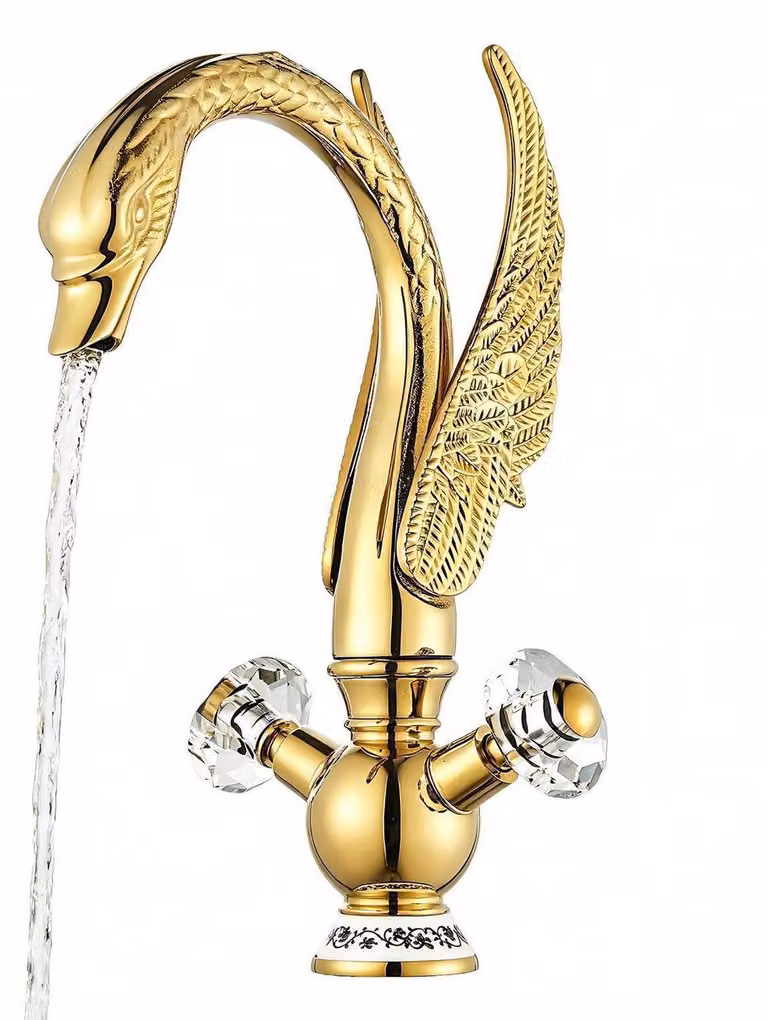 Miscelatore per lavabo da bagno, finitura oro, forma a cigno, maniglie in cristallo, girevole a 360°, realizzato in ottone