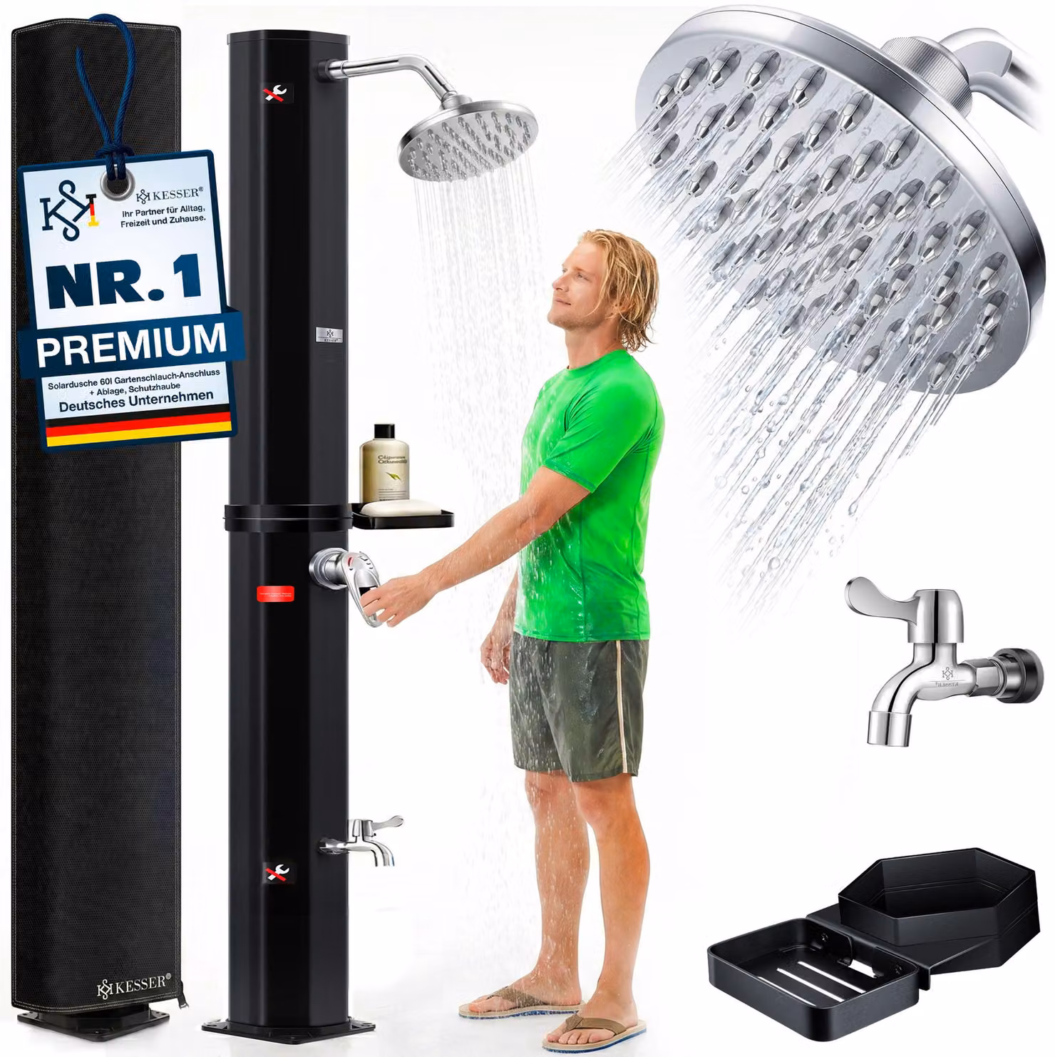 KESSER® Doccia solare da 40-60 litri, produce acqua calda fino a 60°C, inclusa una mensola per gli accessori da doccia e una copertura protettiva