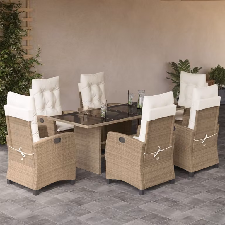 Set da pranzo da giardino vidaXL in polyrattan con cuscini beige e piano in vetro, 7 pezzi