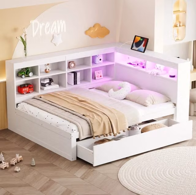 Letto matrimoniale multifunzionale 140x200 cm in legno bianco con USB; LED e vano contenitore