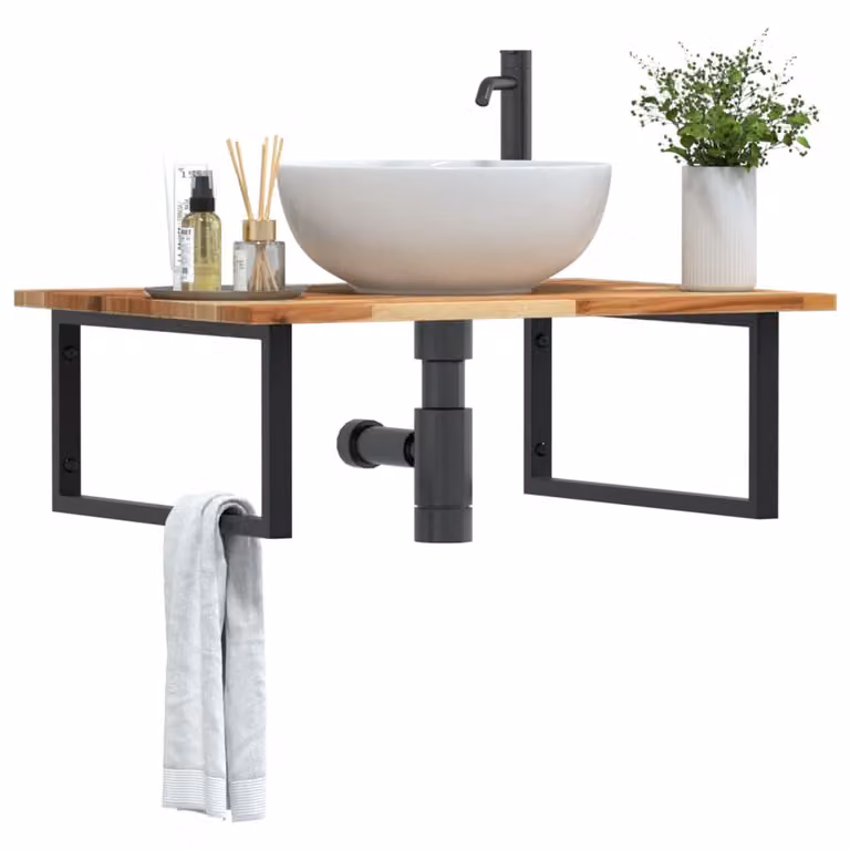 Ripiano a parete per lavabo vidaXL in legno di acacia oliato e metallo nero e marrone