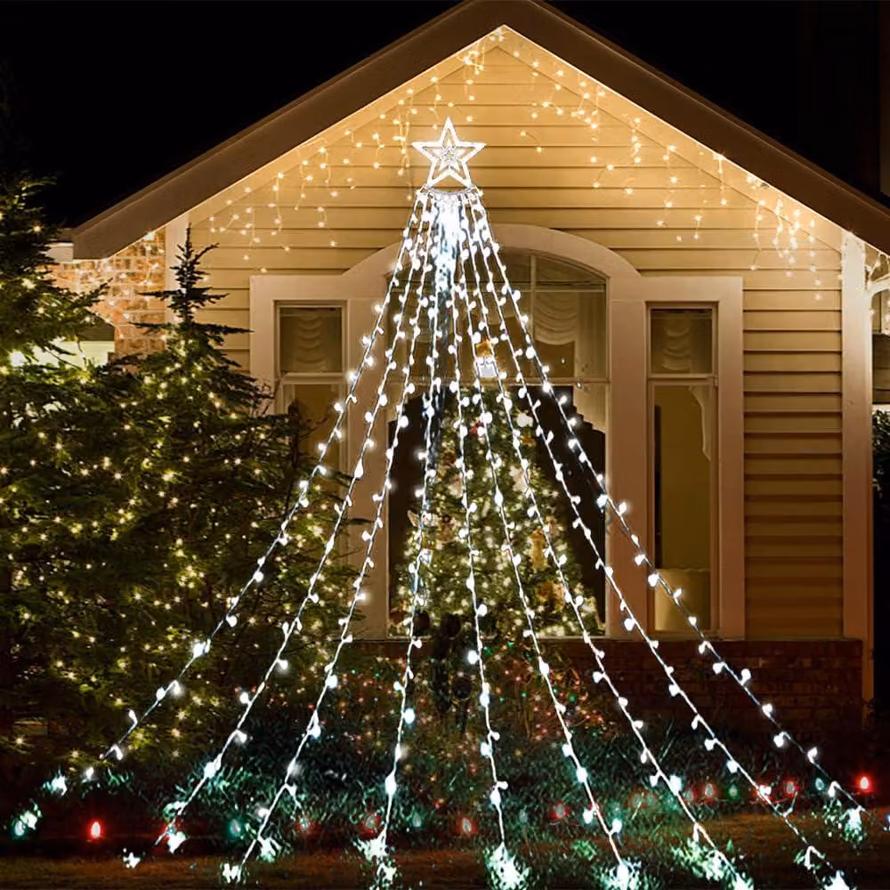Catena luminosa a cascata, lunghezza 3,5 metri, 350 LED, 8 modalità, luce bianca fredda, per uso esterno