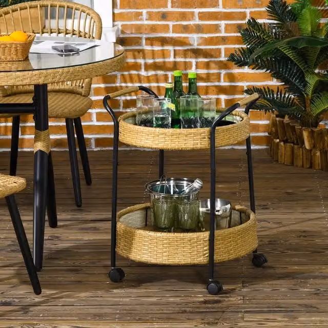 Carrello da cucina e bar OKWISH a 2 ripiani in rattan e metallo con ruote, giallo, Φ50 x H 66 cm – 1