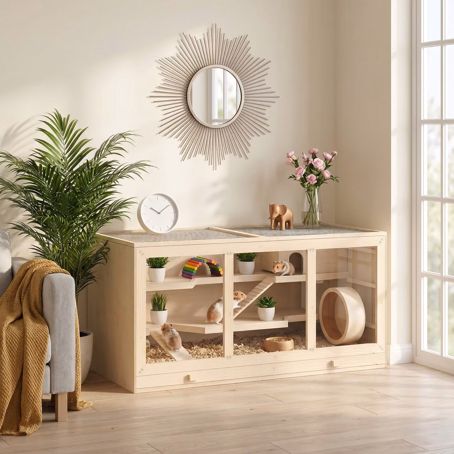 Gabbia per criceti e piccoli roditori Outsunny in legno, colore marrone e beige, L: 115 cm, P: 60,5 cm, H: 58 cm – 2
