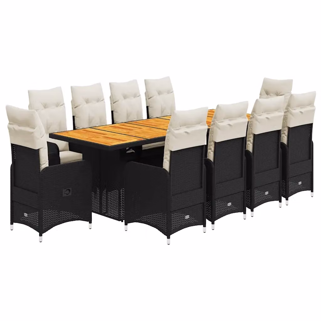 Set da Bistrò da Giardino vidaXL in Polyrattan Nero con Cuscini e Legno di Acacia 11 pz – 2