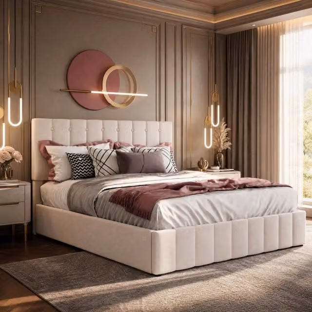 Letto contenitore Mivray con sollevamento idraulico, testiera in velluto bianco e rete a doghe, L/P/H: 140 x 200 x 106 cm