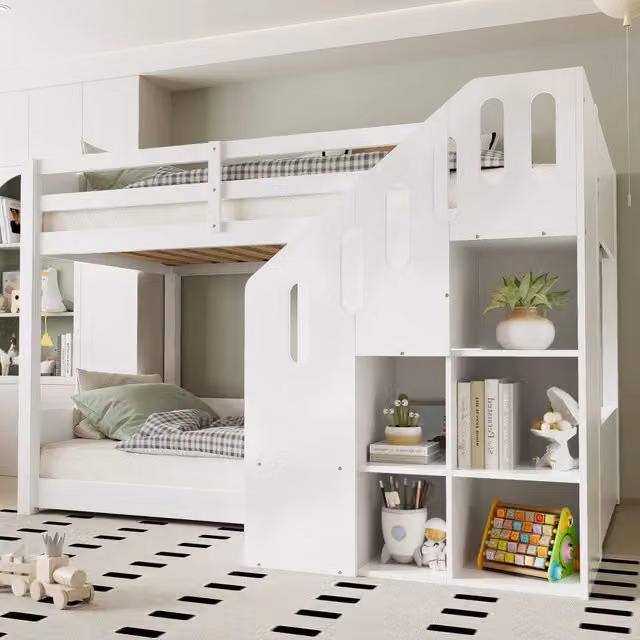 Letto a castello 2 posti 90 × 200 cm, scala contenitore e barriere, senza materasso, legno e MDF bianco