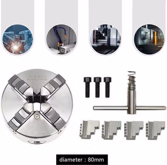 Mandrino autosufficiente a 4 ganasce, diametro 80 mm, con capacità di serraggio fino a 63 mm, ideale per lavorazioni metalliche di precisione