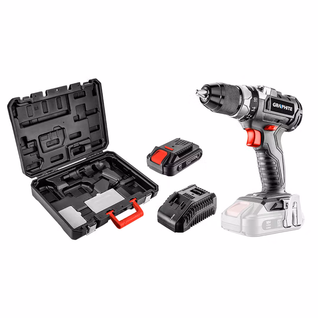 GRAPHITE ENERGY+ SET 18V trapano/avvitatore a batteria, Li-Ion, mandrino, batteria da 2Ah, caricabatterie, valigetta di trasporto (58G019-SET1)