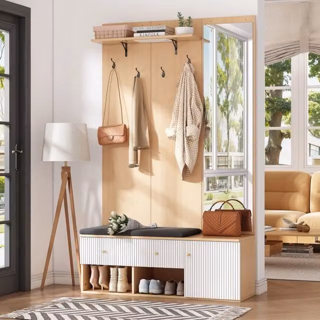 Scarpiera - Mobile da ingresso - Panca imbottita per le scarpe - Con specchio - 2 cassetti - Ripiano - 4 ganci - Colore legno naturale + bianco