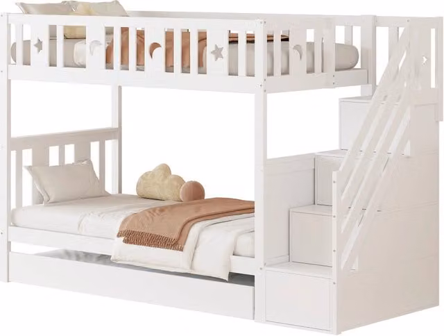 Letto a castello REDOM per bambini in legno e MDF bianco con letto estraibile e scala, L/P/H: 200 x 90 x 81,85 cm