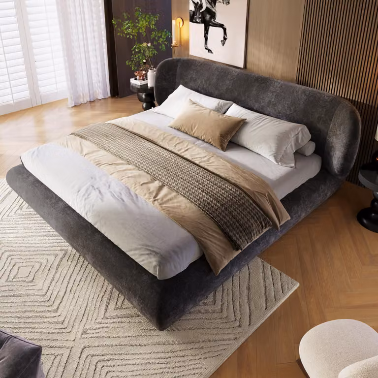 Letto matrimoniale MODFU 160x200 con materasso, letto imbottito con rivestimento in velluto, struttura letto per ragazzi con testiera imbottita e rete a listelli, colore grigio