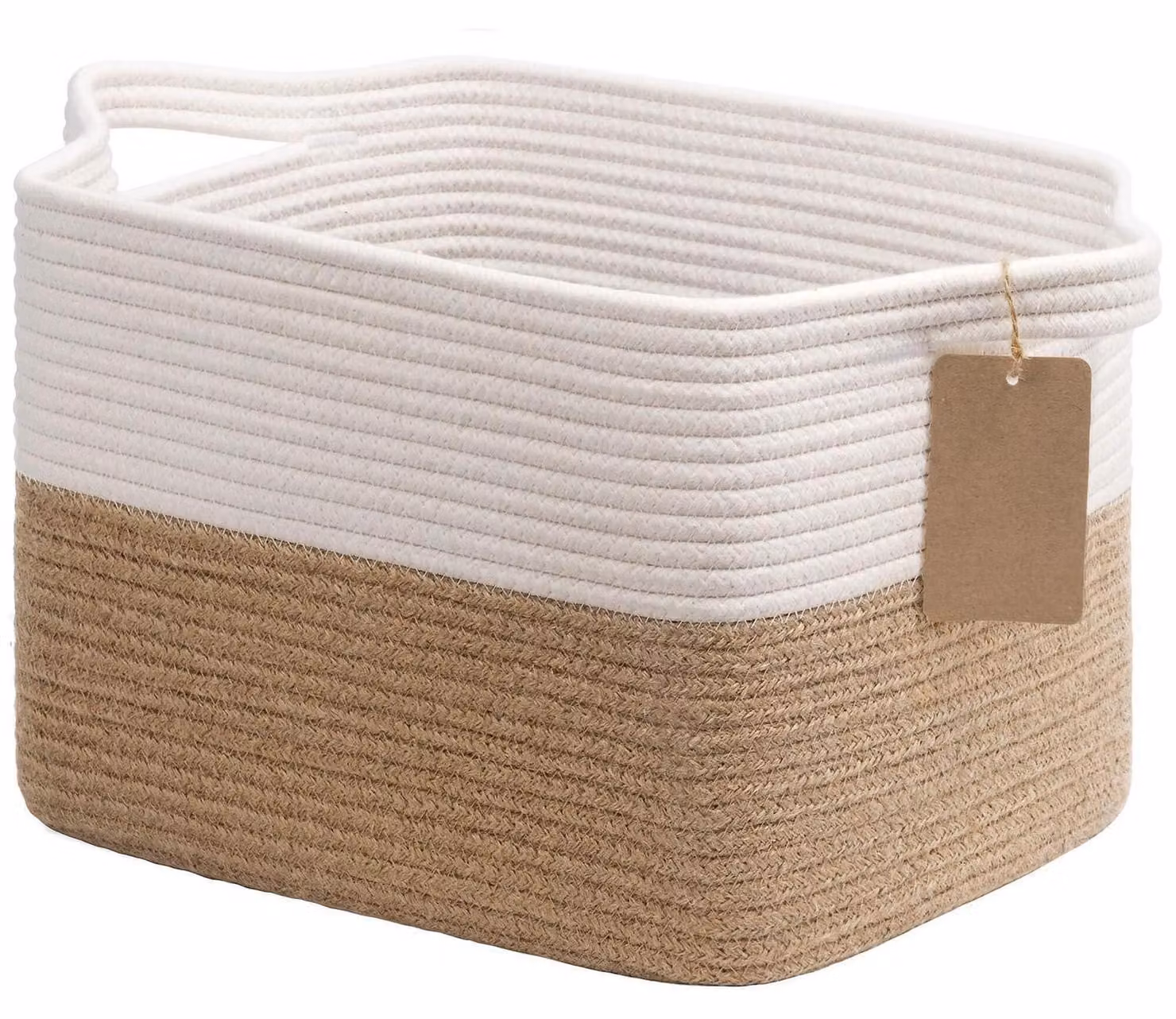 Cesto portaoggetti intrecciato, 34x28x24 cm, bianco, in juta e cotone, con maniglie