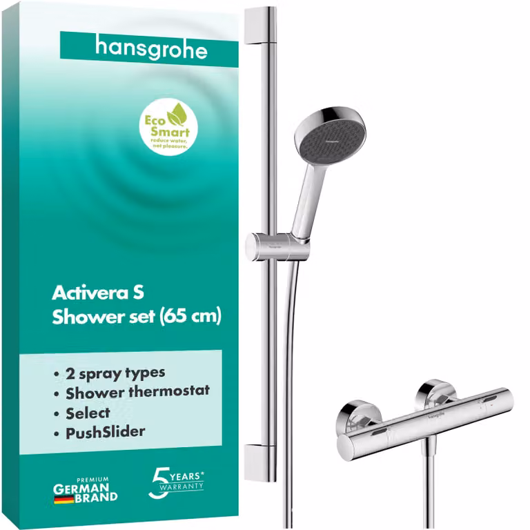 Set doccia con termostato, soffione a risparmio idrico, barra da 65 cm, finitura cromata