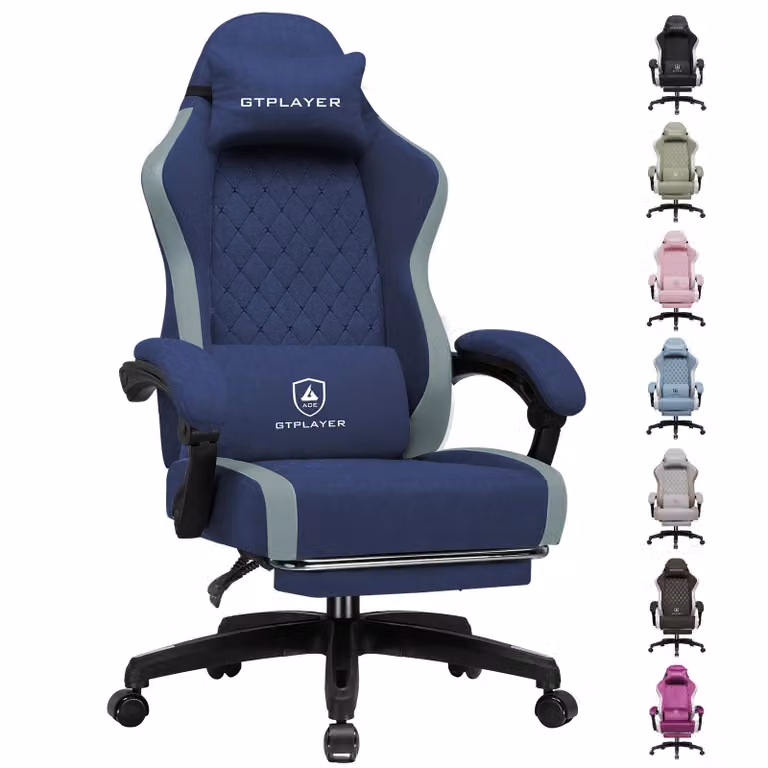 Sedia da gaming GTPLAYER: sedia ergonomica per PC in tessuto traspirante, sedia da scrivania girevole, ampia e alta, con poggiapiedi, blu