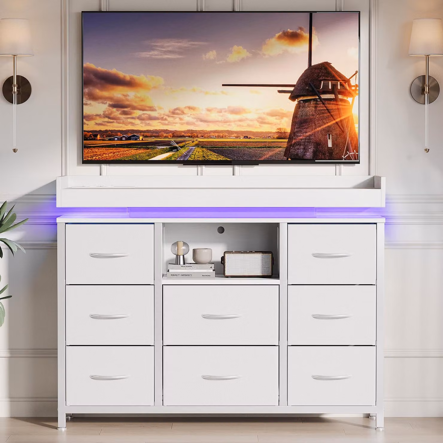 Comodino Moonbite con 8 cassetti, rivestito in tessuto, 108 cm di altezza, colore bianco, con illuminazione LED, porta USB, prese di corrente, modalità musicale, design semplice