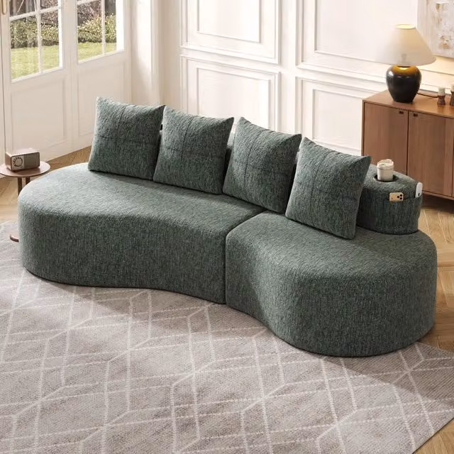 Divano moderno REDOM verde con cuscini e portabicchieri L: 240 cm, P: 109 cm, H: 63 cm