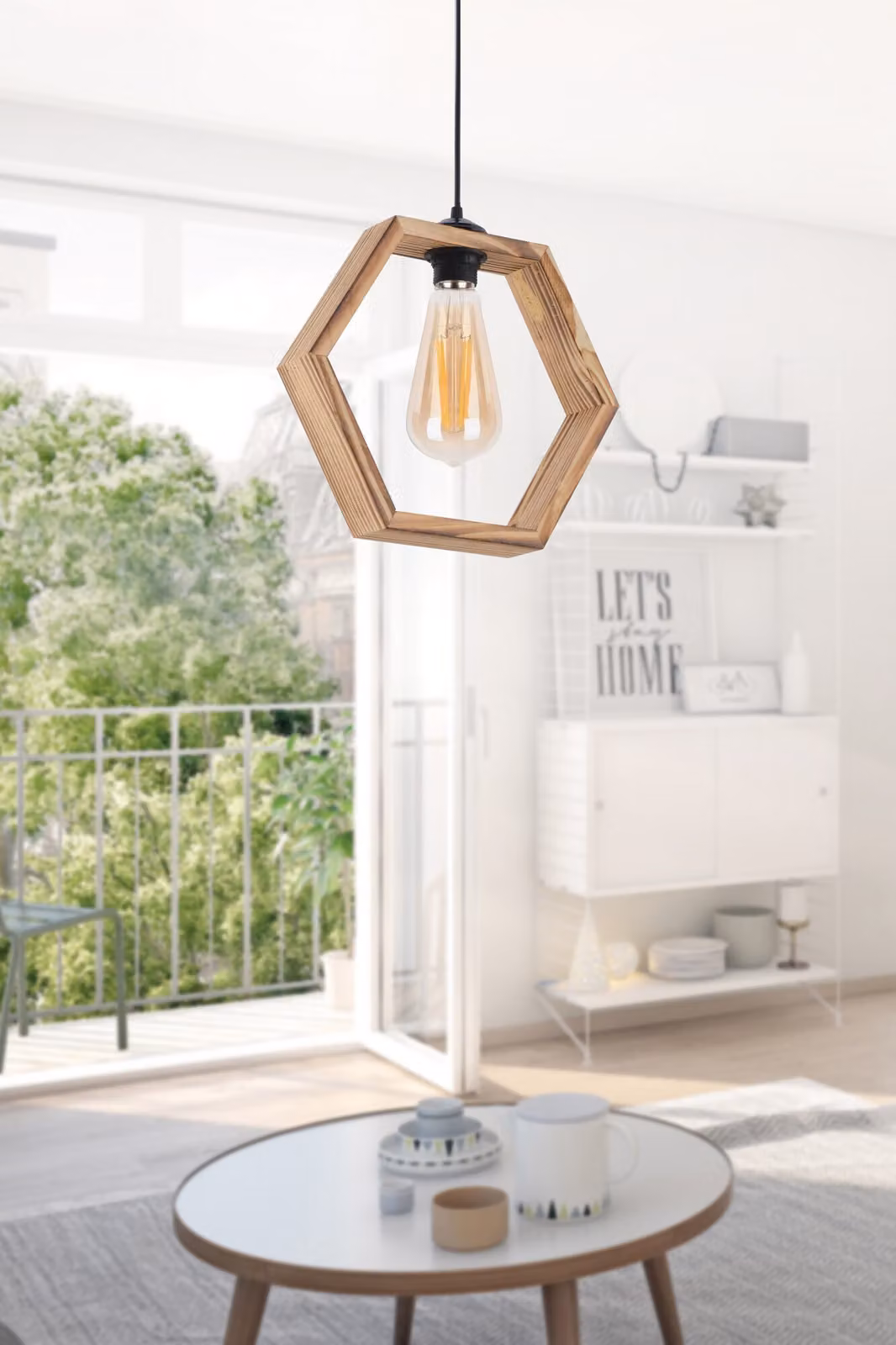 Opviq, Esagono naturale, Lampadario, Naturale, CORPO IN LEGNO, 30 x 30 x 70 cm