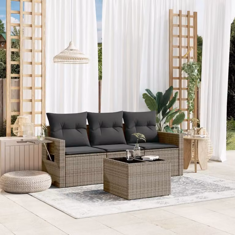 vidaXL Set Divani da Giardino 4 pz in Polyrattan Grigio con Cuscini e Tavolino