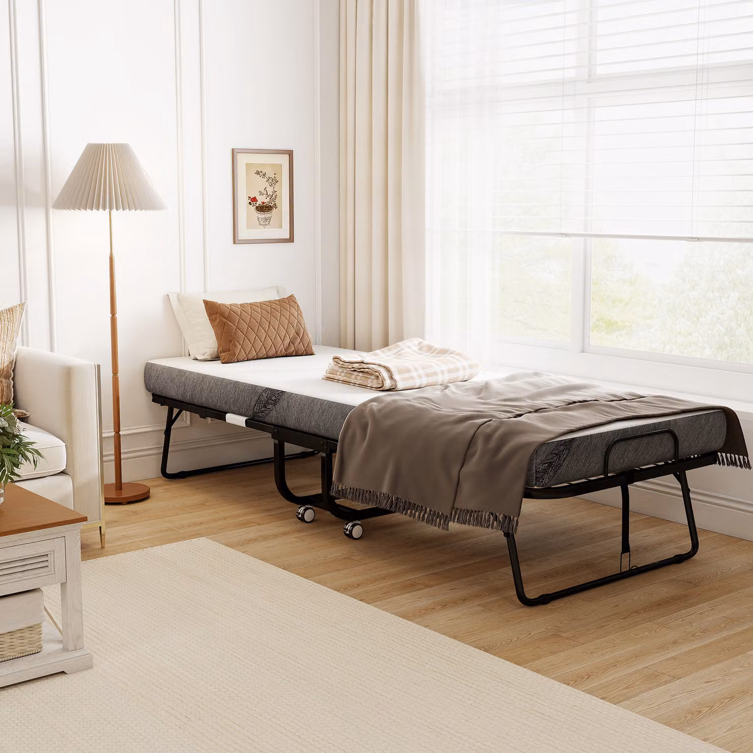 Letto pieghevole con materasso HOMCOM, letto supplementare portatile su ruote con telaio in acciaio e rivestimento in tessuto, Bianco, L 80 cm x P 200 cm – 2