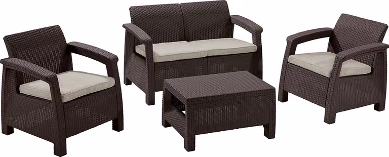 Set da terrazza Allibert CORFU, marrone/avena, tavolo, divano, 2x sedia
