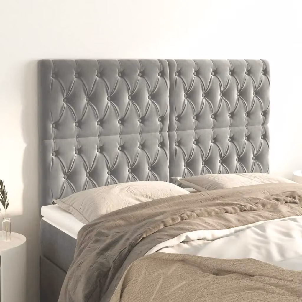 Testata per letto in velluto grigio chiaro con struttura in legno e MDF, L: 144 cm, P: 7 cm, H: 118-128 cm – 2