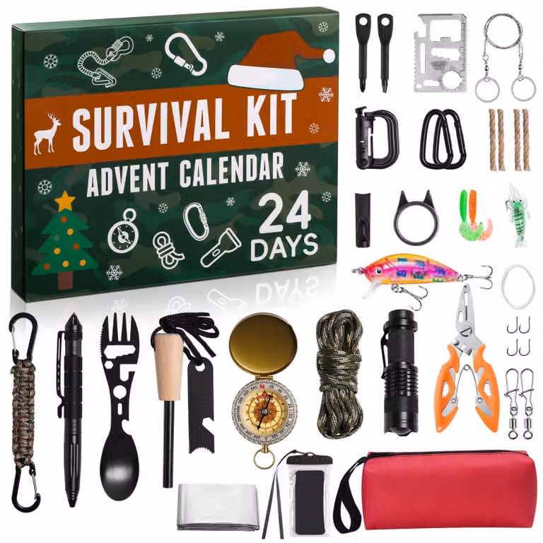 Calendario dell'Avvento a tema survival, con 24 giorni di conto alla rovescia, design militare