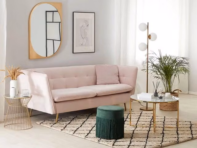 Divano a 3 posti Beliani in velluto rosa con design capitonné e gambe dorate L: 200 cm, P: 77 cm, H: 80 cm