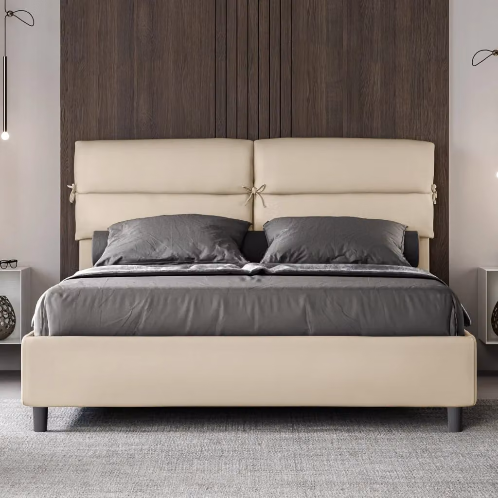 Letto Matrimoniale Giordanoshop con Contenitore e Testata Imbottita in Similpelle Beige L/P: 160 x 200 cm – 2