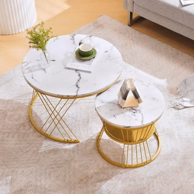 Tavolini da Salotto Set 2 Pezzi Rotondi ¨C MINIMAL ¨C Piano Effetto Marmo, Struttura Metallo Dorato