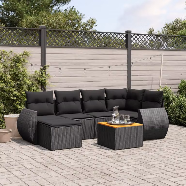 vidaXL Set Divano da Giardino a L con Cuscini 7pz Nero in Polyrattan e Legno di Acacia