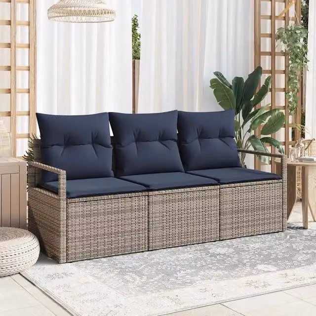 Set di divani da esterno 3 posti vidaXL in rattan e metallo con cuscini inclusi, colore grigio e blu