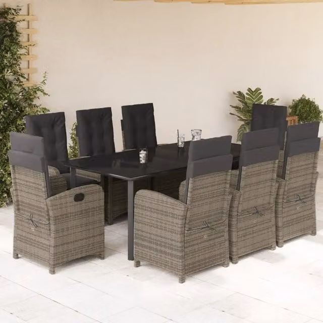 Set da pranzo da giardino vidaXL in polyrattan grigio e nero con tavolo rettangolare in vetro e 9 pezzi – 1