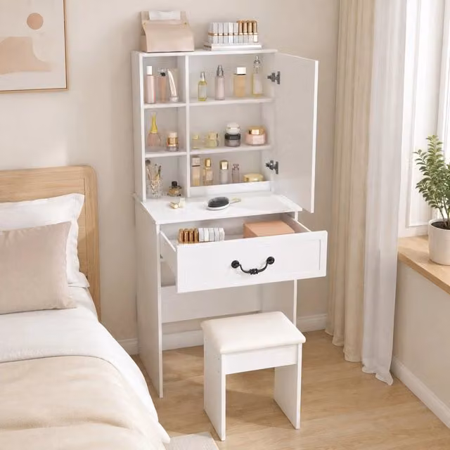 Toeletta Hollywood Mivray con specchio LED dimmerabile a 3 tonalità e sgabello imbottito in MDF bianco
